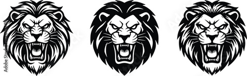 Black and white roaring lion head illustrations with fierce mane, bold graphic style, aggressive expression, symbolizing strength, courage, leadership
