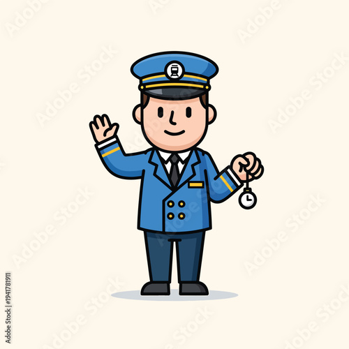 A cartoon illustration of a train conductor in a blue uniform and hat, waving, holding a pocket watch. The background is cream-colored