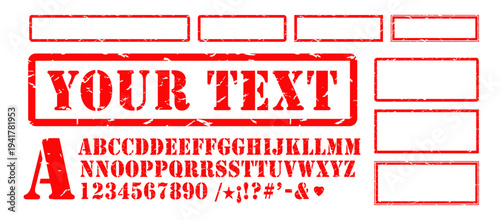 Alphabet, numbers and symbols to create a custom red stamp impression. Different doubled letters. All elements separate	