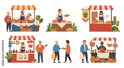 Local Farmers Market Stalls Vector Set. Vendors Selling Fresh Produce, Bread, and Handmade Crafts to Shoppers.
