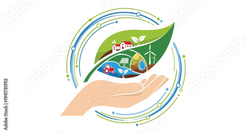 Hand Holding Sustainable Farm Leaf Icon. Eco Agriculture, Renewable Energy (Solar, Wind) and Water Conservation Concept Vector Illustration.