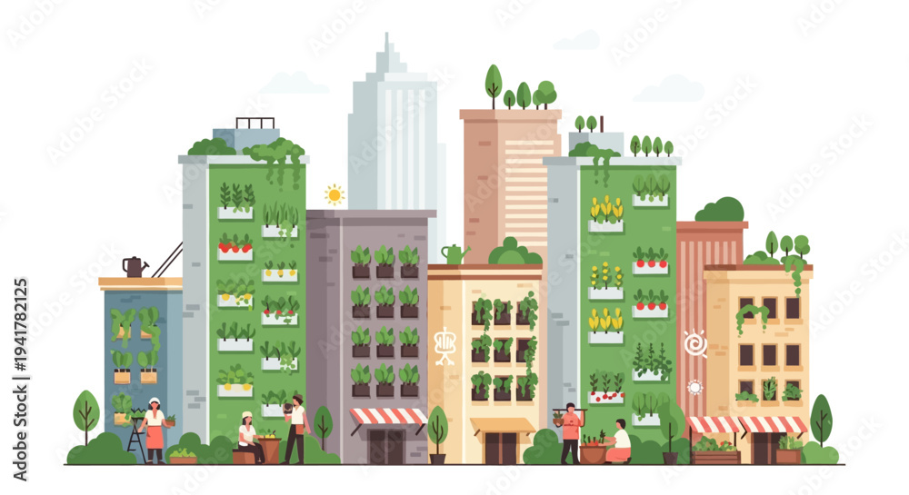 Fototapeta premium Sustainable City Landscape with Vertical Gardens and Rooftop Farming. Green Urban Architecture and Community Agriculture Illustration on White.
