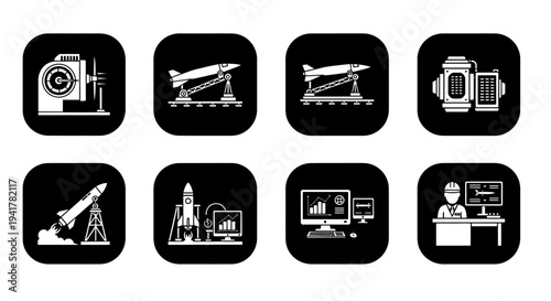 Rocket launcher vehicles and aerospace missile launch systems glyph icon set radar satellite space technology vector icons