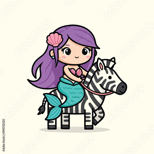 A cartoon mermaid, with purple hair and a teal tail, rides a zebra. She's wearing a shell bra and shell hair accessory