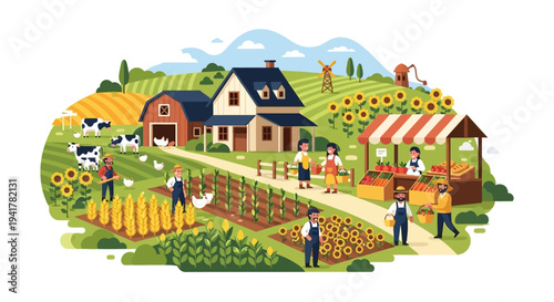 Busy Organic Farm Community and Farmer's Market Scene. Vector Illustration of Sustainable Agriculture and Rural Life with Farmers and Crops.