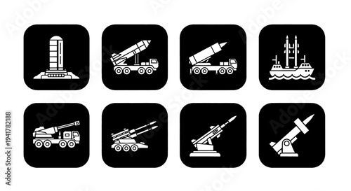 Rocket launcher vehicles and aerospace missile launch systems glyph icon set radar satellite space technology vector icons