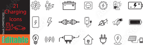 A collection of black and white line icons representing various aspects of charging and electrical power high quality professional detailed modern elegant stylish