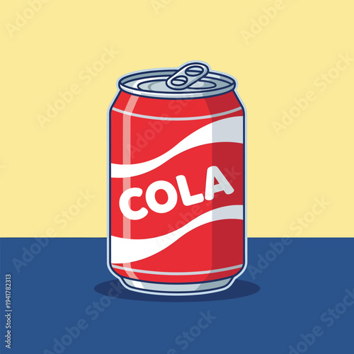 A cartoon image features a red soda can with white wavy stripes and the word "COLA". The can is on a blue surface, with a yellow background