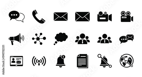 Collection of communication and technology icons in black silhouette