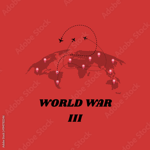 World war 3, Flat vector illustration of a globe with nuclear explosions and ballistic missiles, representing global crisis and destruction.
