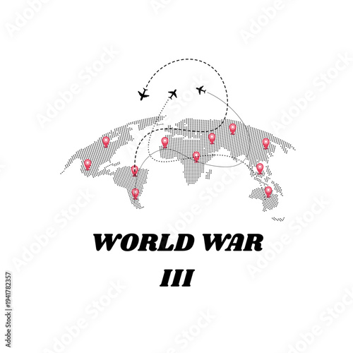 World war 3, Flat vector illustration of a globe with nuclear explosions and ballistic missiles, representing global crisis and destruction.
