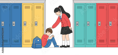 Young girl comforting a sad boy sitting on the floor by lockers in a school hallway illustration for empathy and anti-bullying concepts