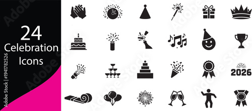 A collection of twenty four black silhouette icons representing various elements associated with celebrations and joyous occasions high quality professional detailed modern elegant