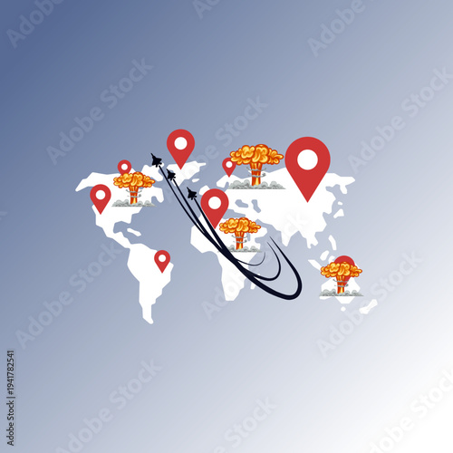World war 3, Flat vector illustration of a globe with nuclear explosions and ballistic missiles, representing global crisis and destruction.

