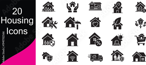 A collection of twenty black housing icons depicting various residential and related services high quality professional detailed modern elegant stylish clean crisp vibrant