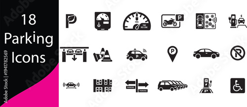 A collection of eighteen black parking related icons depicting various restrictions services and vehicle types high quality professional detailed modern elegant stylish clean