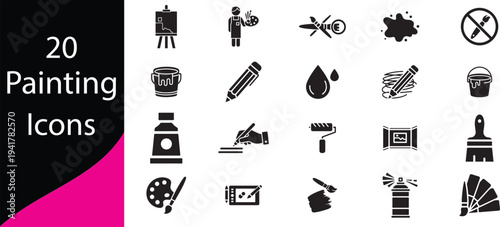 A collection of twenty black painting icons displaying various artistic tools and related concepts high quality professional detailed modern elegant stylish clean crisp
