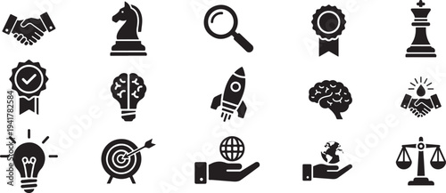 A collection of black silhouette icons depicting business strategy success and intellectual concepts high quality professional detailed modern elegant stylish clean crisp vibrant