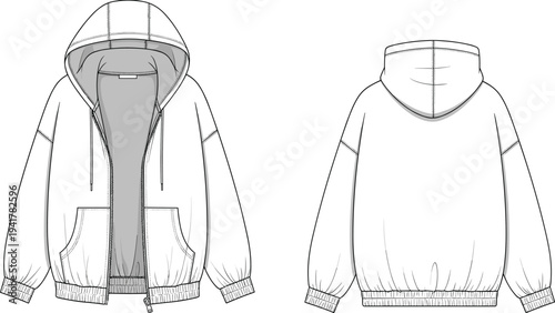 Oversized Zip Up Hoodie Technical Flat Sketch Template Front and Back View Mockup CAD Drawing Fashion Design Vector Illustration For Manufacturing