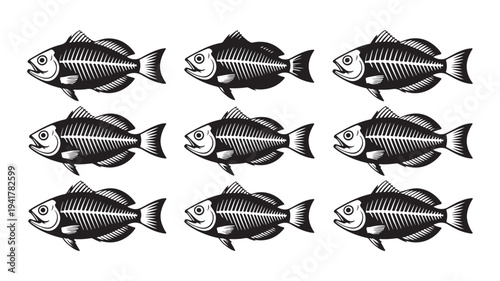 Set fish bone isolated on white background, black fish skeleton silhouette with head and tail