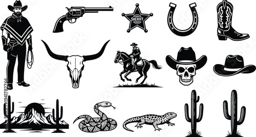 Black Wild West vector silhouettes including cowboy, revolver, sheriff badge, horseshoe, skull, cactus, rattlesnake, desert landscape illustration