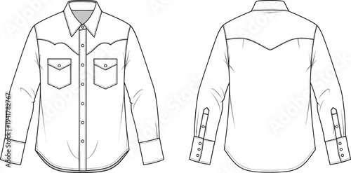 Western Denim Long Sleeve Shirt Front and Back View, Classic Cowboy Style Apparel with Pointed Yoke, CAD Drawing Flat Vector Illustration