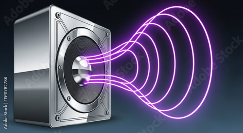 Silver speaker with purple sound waves emanating on transparent background