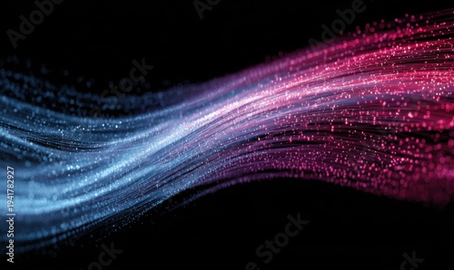 Abstract background with glowing pink and blue light waves on a black backdrop, digital data flow, big tech concept