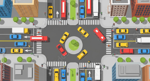Aerial View of Busy City Intersection with Traffic.