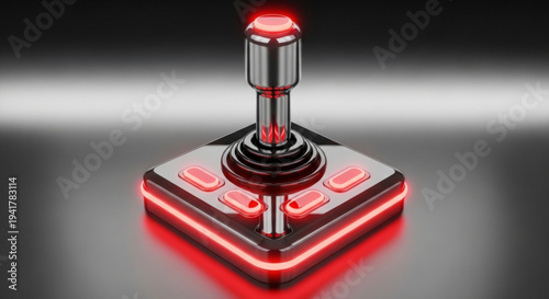 Retro arcade joystick with red neon lights on transparent background