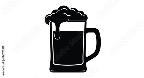 Black silhouette of a full beer mug with overflowing foam silhouette