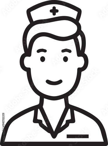 Hand Drawn Man as Nurse Black and White Avatar Illustration in Minimal Line Art Style Design