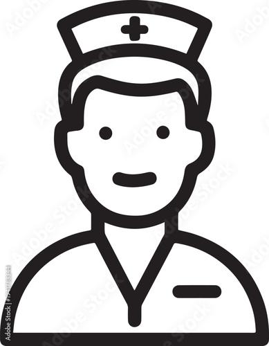 Hand Drawn Man as Nurse Black and White Avatar Illustration in Minimal Line Art Style Design