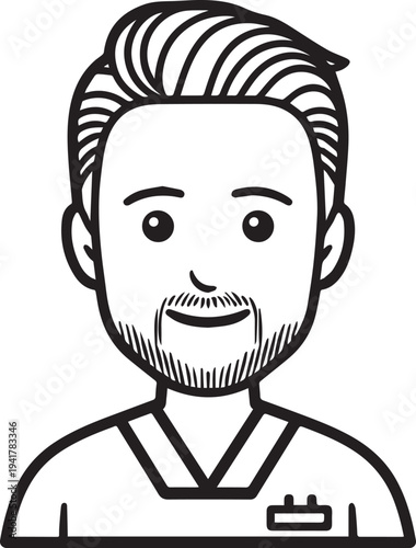 Hand Drawn Man as Nurse Black and White Avatar Illustration in Minimal Line Art Style Design