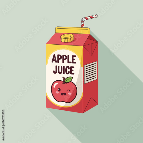 A cartoon juice box with apple graphic, a red and white straw, and the words "APPLE JUICE" on it, with a shadow