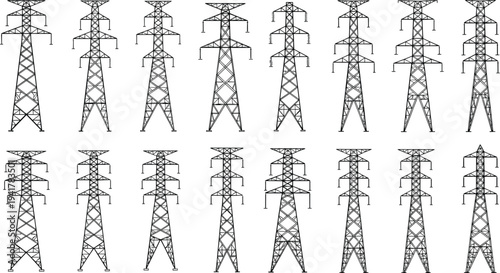 High Voltage Electric Transmission Tower Pylon Vector Silhouette Set Isolated on White Background for Industrial Power Energy Infrastructure and Engineering