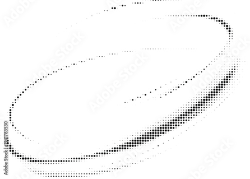 Dynamic elliptical orbit halftone design concept with black dots texture and high-speed motion paths for futuristic and technical graphic designs.