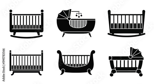 Various baby cradles and beds depicted in a black silhouette