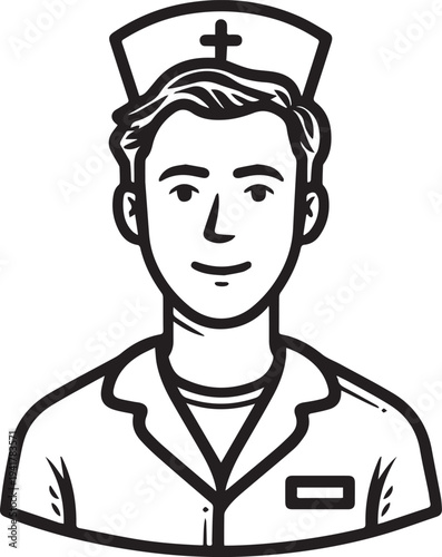 Hand Drawn Man as Nurse Black and White Avatar Illustration in Minimal Line Art Style Design