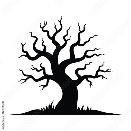 Dead tree silhouette on white background with grass