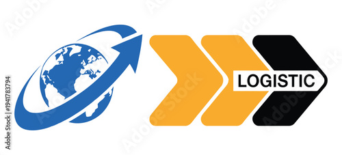 Global Logistics and Delivery Service Vector Icon with Blue Earth and Orange Arrow Elements for Transportation and Shipping Business