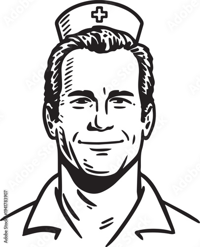 Hand Drawn Man as Nurse Black and White Avatar Illustration in Minimal Line Art Style Design