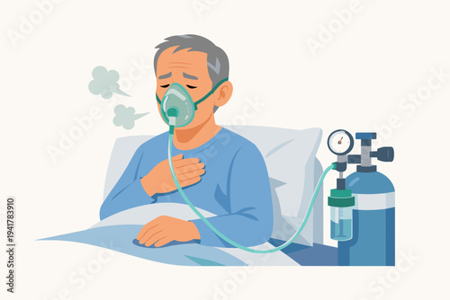 Elderly Patient with Chronic Obstructive Pulmonary Disease COPD Using Oxygen Mask and Cylinder in Hospital Bed, Senior Man Suffering from Respiratory Distress and Breathing Difficulty Illustration