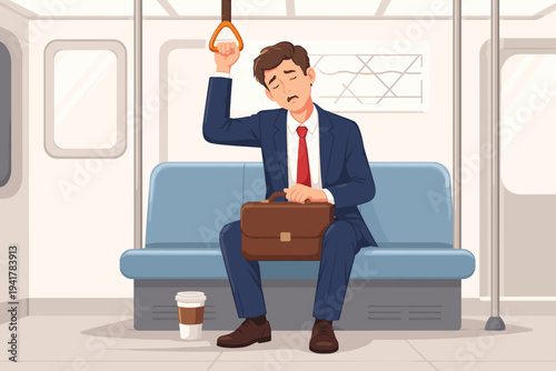 Tired Businessman in Suit Sleeping on Subway Train During Daily Commute, Exhausted Office Worker Holding Handle with Briefcase and Coffee, Flat Vector Illustration of Fatigue and Overwork Stress