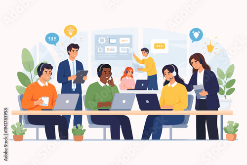 Modern open space office vector illustration featuring a diverse multicultural team of businesspeople working in a call center, providing professional customer service and technical support.