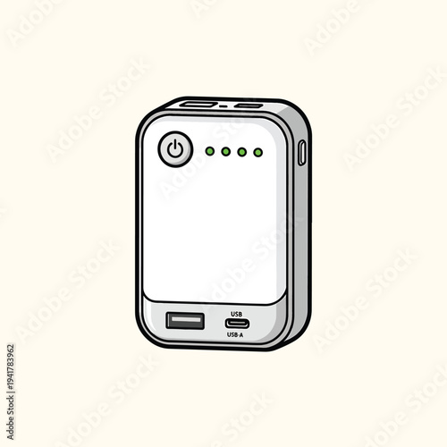 A cartoon illustration of a rectangular power bank with black outlines, white surfaces, and gray edges. It has a power button, indicator lights, and USB ports