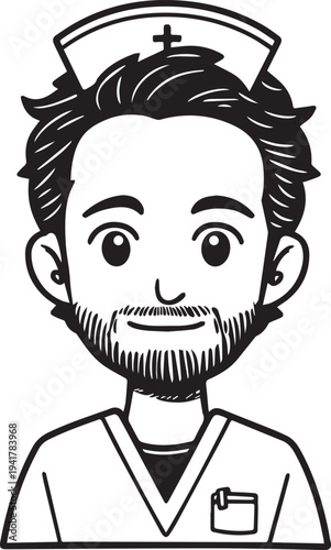 Hand Drawn Man as Nurse Black and White Avatar Illustration in Minimal Line Art Style Design