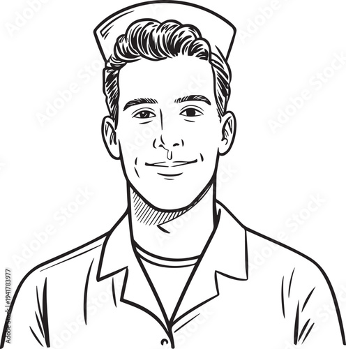 Hand Drawn Man as Nurse Black and White Avatar Illustration in Minimal Line Art Style Design