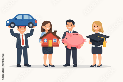 Business People Holding Icons of Car, House, Piggy Bank, and Graduation Cap Representing Financial Goals, Life Planning, Savings, Investment, Education, and Real Estate Success Flat Vector