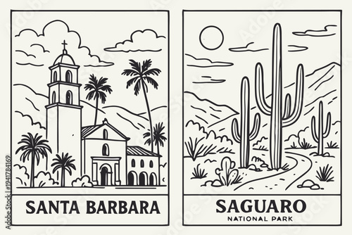 Obraz na płótnie A split illustration featuring Santa Barbara Mission and Saguaro National Park landmarks in a minimalist, flat design style, perfect for travel graphics